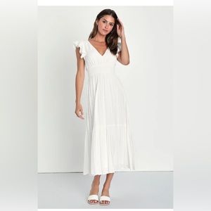 Brunch Plans White Swiss Dot Smocked Backless Midi Dress